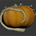 Orange Pumpkin Decorated With Skeleton Bone Ornaments On Dark Background