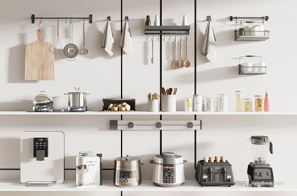 Organized Kitchen Space With Hanging Cooking Utensils Wall Racks Shelves And Small Appliances 3d model 