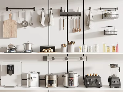Organized Kitchen Space With Hanging Cooking Utensils Wall Racks Shelves And Small Appliances 3d model