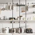 Organized Kitchen Space With Hanging Cooking Utensils Wall Racks Shelves And Small Appliances
