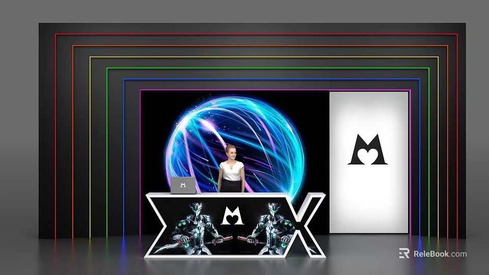 Modern Reception Desk Featuring Blue Spherical Design Black M Logo Neon Lights Laptop And Person 3d model 