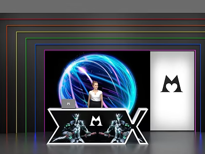 Modern Reception Desk Featuring Blue Spherical Design Black M Logo Neon Lights Laptop And Person 3d model