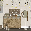 Clothing Store Interior With Hanging Light Bulbs Wooden Cabinet Mannequins Dresses Handbags And Hats