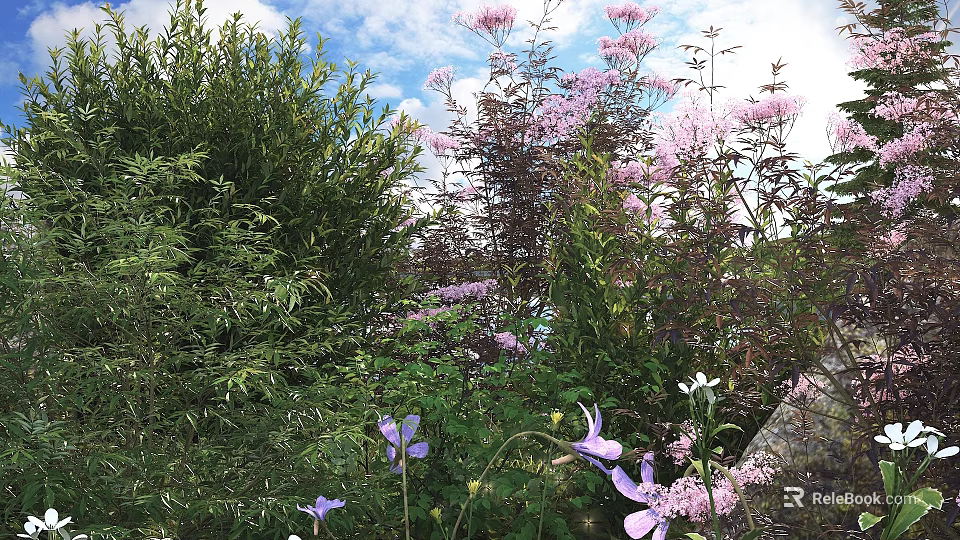 Beautiful Garden Bushes With Pink Flowers And Green Leaves Under Blue Sky 3d model 