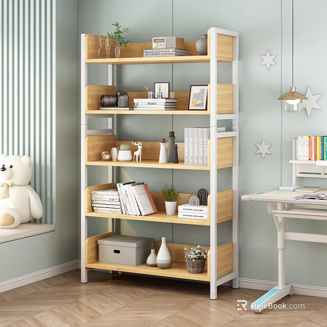Wooden Storage Shelf with Books Decorations and Storage Box by Window in Cozy Kids Room 3d model 