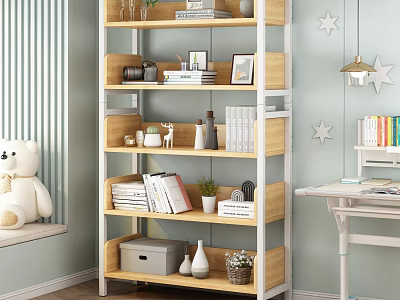 Wooden Storage Shelf with Books Decorations and Storage Box by Window in Cozy Kids Room 3d model