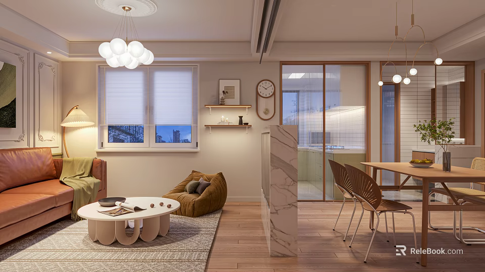 Modern Cozy Open Plan Living And Dining Room With Comfortable Furnishings And Natural Wooden Flooring 3d model 