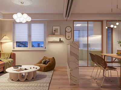 Modern Cozy Open Plan Living And Dining Room With Comfortable Furnishings And Natural Wooden Flooring 3d model