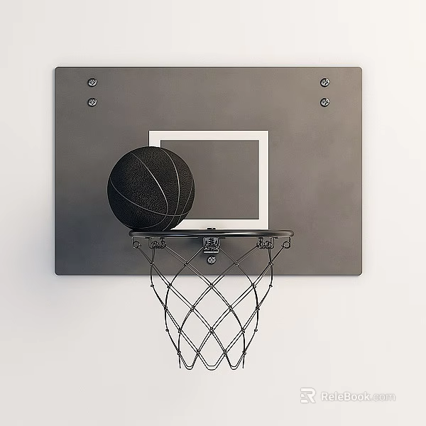 Basketball Hoop Sports Equipment With Black Backboard White Square Rim Net And Black Basketball 3d model 