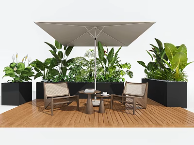 Outdoor Leisure Chairs with Umbrella and Green Plants on Wooden Terrace 3d model