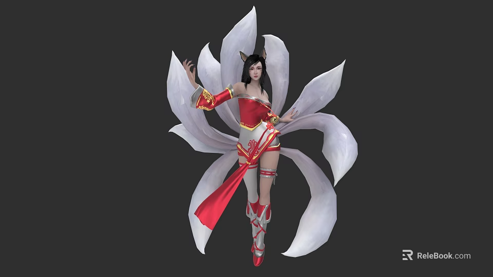 Fantasy Cat Ear Female Character In Red White Outfit With Petal Like Creature 3d model 