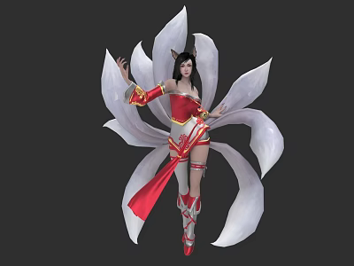Fantasy Cat Ear Female Character In Red White Outfit With Petal Like Creature 3d model
