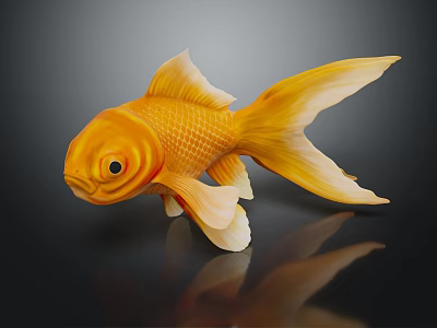 Yellow Aquatic Animal Goldfish with Flowing Tail in Dark Background Showing Reflection 3d model