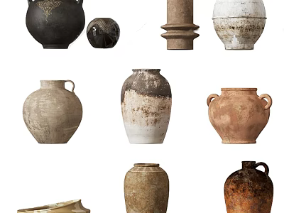 Vintage Handcrafted Ceramic Vessels With Textured Black Beige Brown White Rustic Designs 3d model