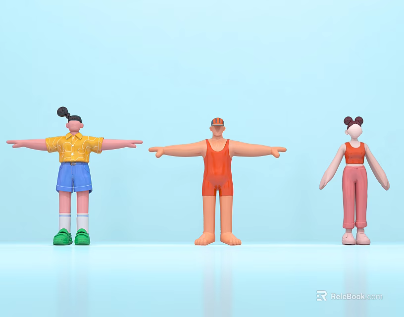 Three Cartoon Characters Stretching Arms In Colorful Outfits On Light Blue Background 3d model 