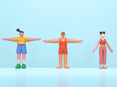 Three Cartoon Characters Stretching Arms In Colorful Outfits On Light Blue Background 3d model