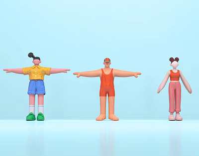Three Cartoon Characters Stretching Arms In Colorful Outfits On Light Blue Background 3d model