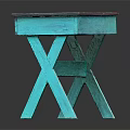 Teal Colored Wooden Top Table With Carved Drawers And Cross Legs Design