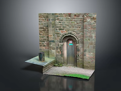 Scenic Stone Wall Architecture With Arched Wooden Door Small Platform Gravel Ground And Green Grass 3d model