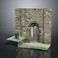 Scenic Stone Wall Architecture With Arched Wooden Door Small Platform Gravel Ground And Green Grass