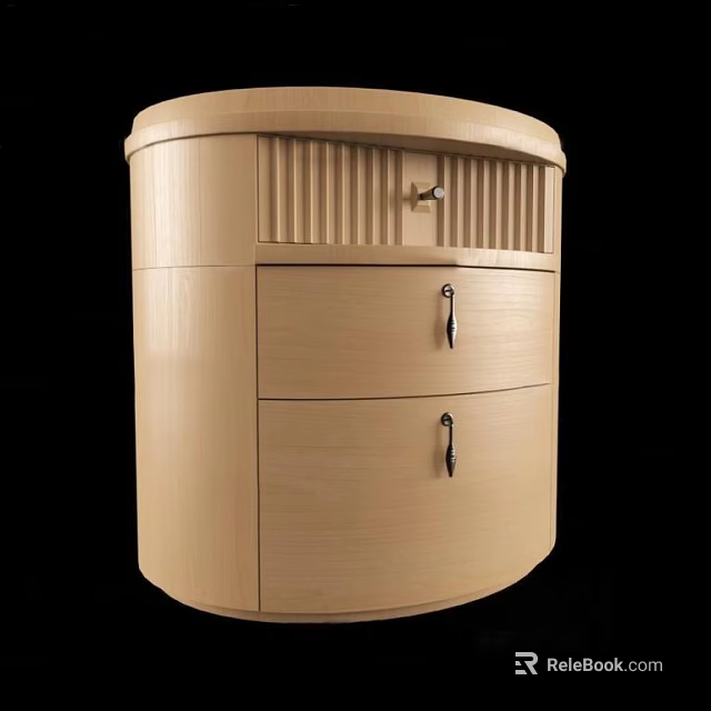 Light Wood Bedside Cabinet With Round Top Vertical Stripes Drawer And Two Doors Metal Handles 3d model 