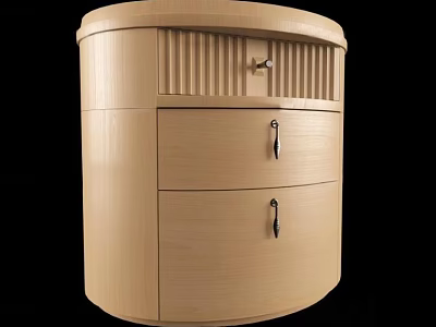 Light Wood Bedside Cabinet With Round Top Vertical Stripes Drawer And Two Doors Metal Handles 3d model