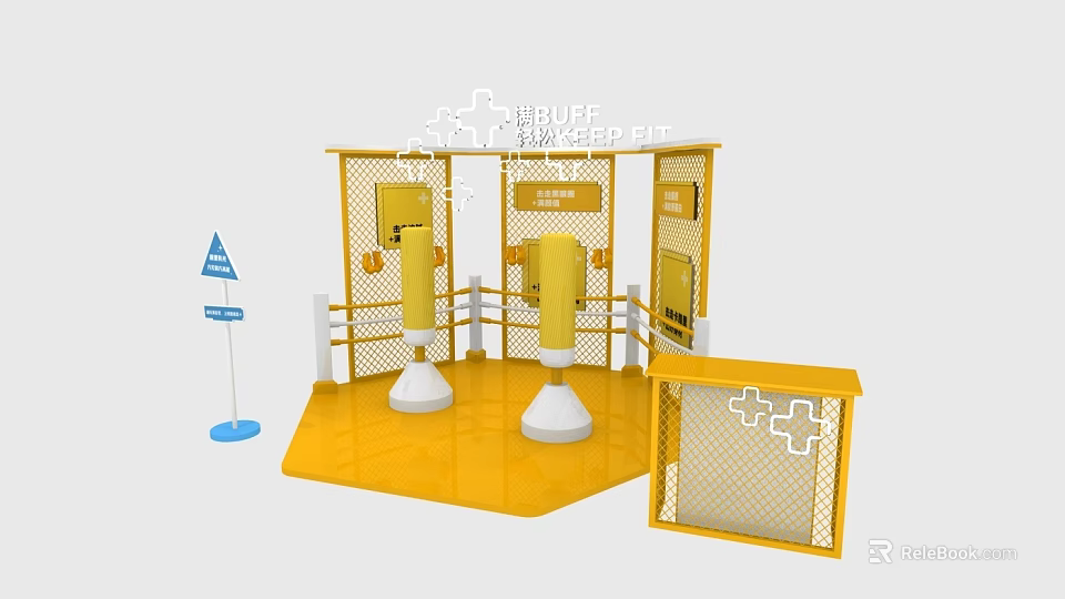 Interactive Zone With Yellow Fencing Punching Bags And Blue Signage 3d model 