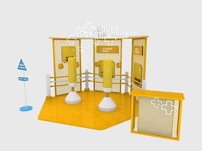 Interactive Zone With Yellow Fencing Punching Bags And Blue Signage 3d model