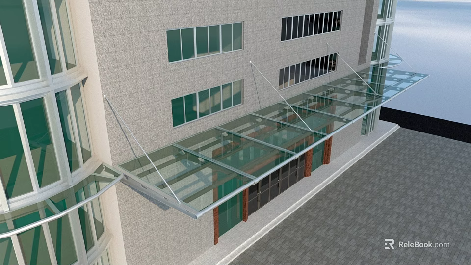 Modern Commercial Building Glass Awning With Transparent Panels And Metal Supports 3d model 