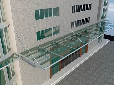 Modern Commercial Building Glass Awning With Transparent Panels And Metal Supports 3d model