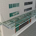 Modern Commercial Building Glass Awning With Transparent Panels And Metal Supports