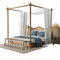 Natural Style Four Poster Double Bed With Wooden Headboard Blue Bedding And White Canopy Curtains