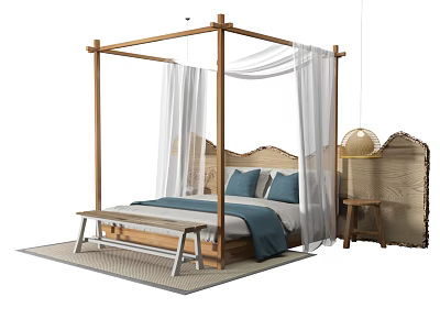 Natural Style Four Poster Double Bed With Wooden Headboard Blue Bedding And White Canopy Curtains 3d model