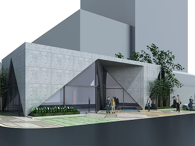 Modern Concrete Sales Office Building With Glass Facade Entrance And Greenery Outside 3d model