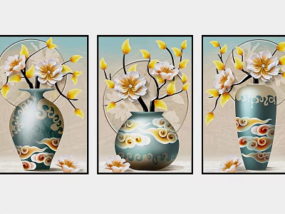 Three Decorative Paintings with Cloud Pattern Vases and Yellow White Flowers 3d model