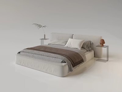 Modern Minimalist Double Bed with Gray Brown Bedding Two Pillows Side Tables Plant and Sculpture 3d model