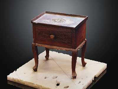 Antique Wooden Bedside Table With Carved Drawer And Decorative Legs On White Base 3d model