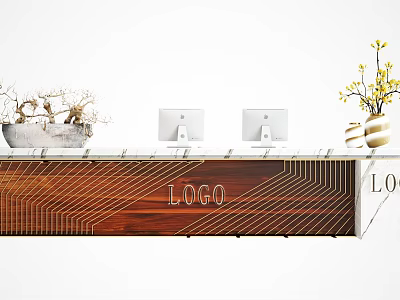 Elegant Wooden Reception Desk Design With Logo Line Patterns Two Monitors And Decorative Plants 3d model