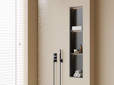 Modern Bathroom Shower Head with Water Spray Wall Niche White Blinds Towels and Toiletries 3d model