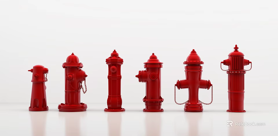 Fire Equipment Display Featuring Row Of Red Fire Hydrants Arranged Neatly 3d model 