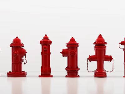 Fire Equipment Display Featuring Row Of Red Fire Hydrants Arranged Neatly 3d model