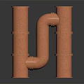 Two Vertical Copper Pipes With Curved Connecting Rusty Red On Dark Background With Reflection
