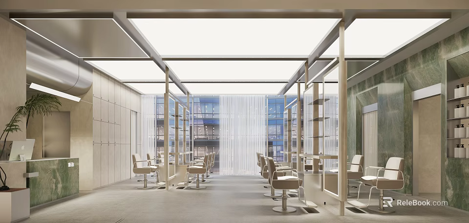 Modern Beauty Hair Salon Interior Open Space White Wood Decor Styling Chairs Mirrors Large Windows 3d model 