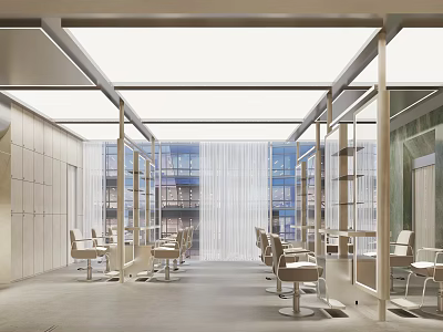 Modern Beauty Hair Salon Interior Open Space White Wood Decor Styling Chairs Mirrors Large Windows 3d model