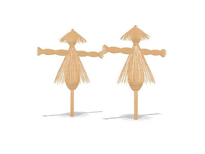 Two Standing Straw Made Agricultural Equipment With Hats For Farm Protection 3d model