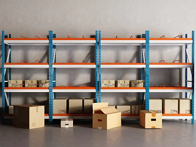 Industrial Storage Racks In Warehouse With Blue Metal Frames And Cardboard Boxes 3d model
