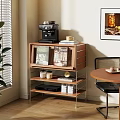 Middle Ancient Style Study Corner Log Style Decorative Cabinet Green Plant Dessert Dining Table Hanging Picture Bookshelf Coffee Machine Coffee Cup Electronic Products Window Light and Shadow 3d model