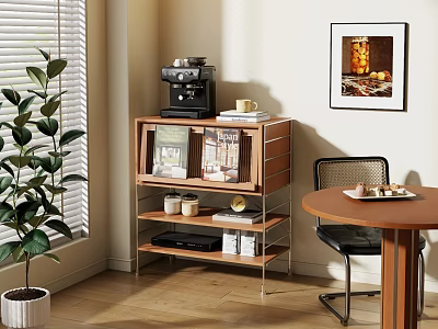 Middle Ancient Style Study Corner Log Style Decorative Cabinet Green Plant Dessert Dining Table Hanging Picture Bookshelf Coffee Machine Coffee Cup Electronic Products Window Light and Shadow 3d model
