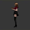 Red Haired Woman In Red Top Black Skirt Fishnet Stockings Holding Coffee Cup Black Bag