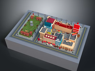 Cartoon Town Scene With Colorful Buildings Green Lawn Benches And Street 3d model